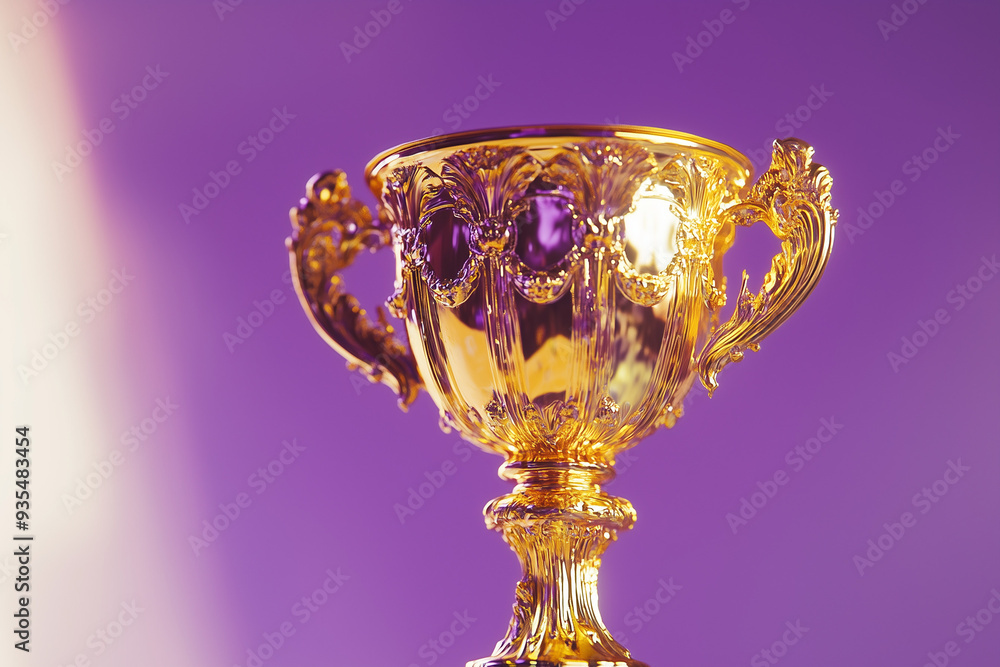 Golden trophy with serpentine on a purple background. Victory. Reward. Golden trophy with serpentine on a purple background. Victory. Reward.