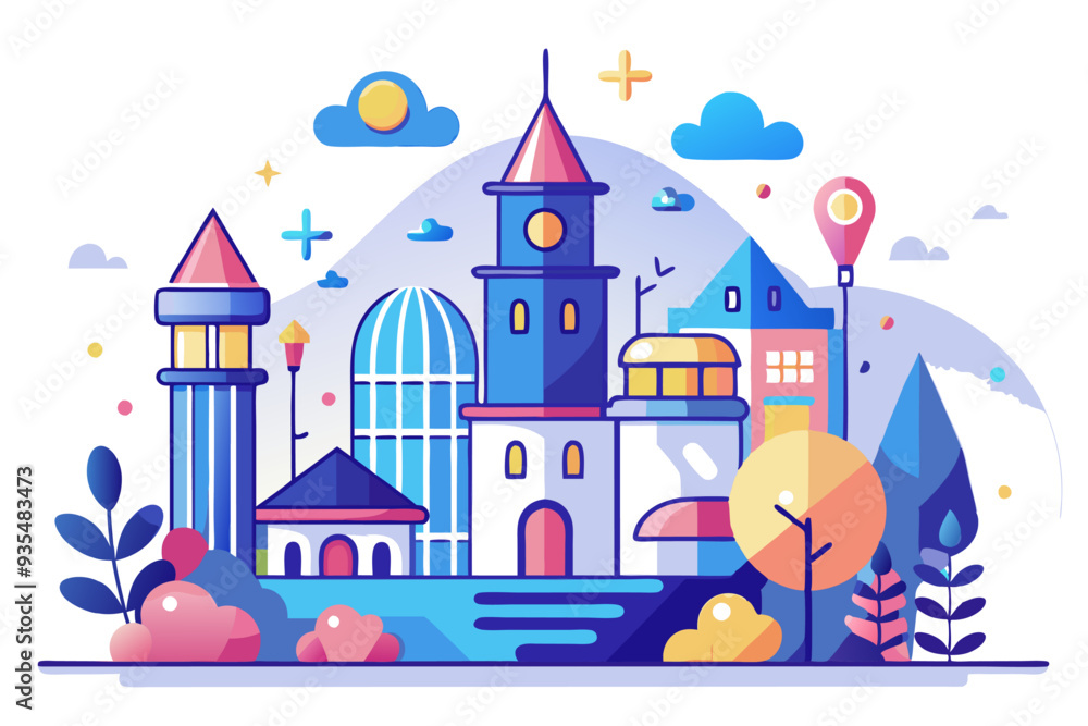 Fototapeta premium Colorful Illustrated Cityscape with Buildings and Trees