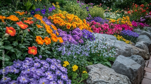 colorful mixed flower garden with rockery in royal botanical gardens