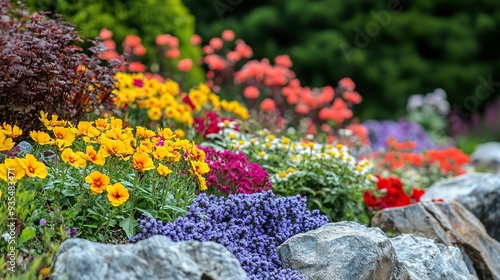 colorful mixed flower garden with rockery in royal botanical gardens