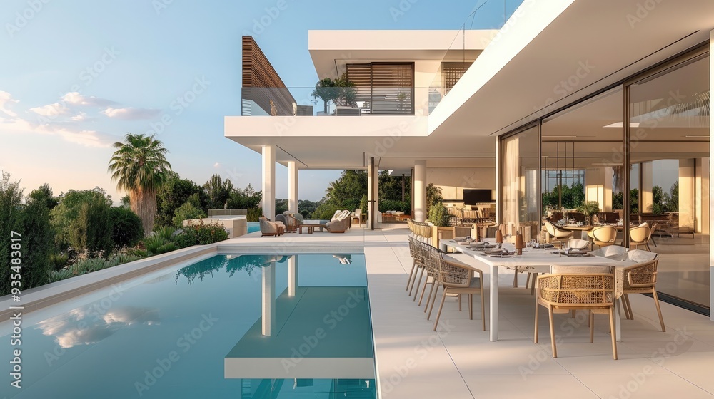 Contemporary villa with an elegant outdoor dining area and pool. Generative AI. Contemporary villa with an elegant outdoor dining area and pool. Generative AI.