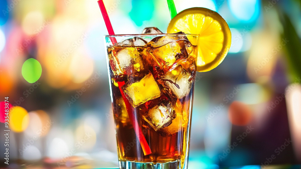 Colorful Iced Beverages in Highball Glasses on Bar Counter. Colorful Iced Beverages in Highball Glasses on Bar Counter.