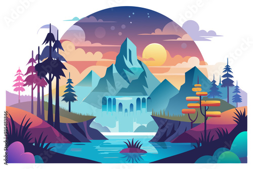 Mountainous Landscape with Waterfall and Sunset