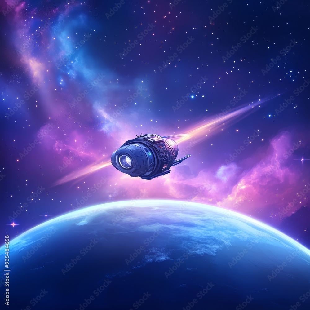 A spacecraft floating above Earth against a vibrant galactic background, showcasing deep space exploration and cosmic beauty. A spacecraft floating above Earth against a vibrant galactic background, showcasing deep space exploration and cosmic beauty.
