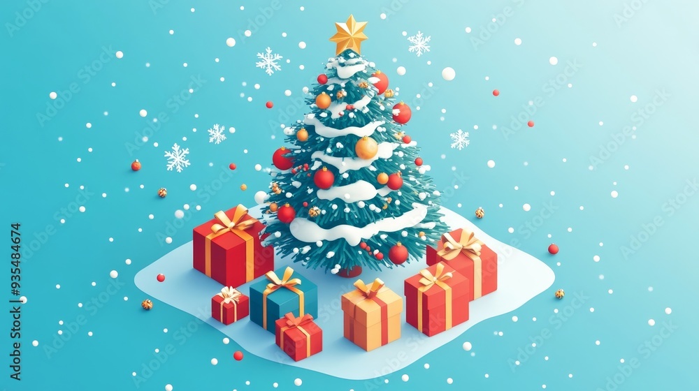 Obraz premium Christmas Tree with Gifts and Snowflakes