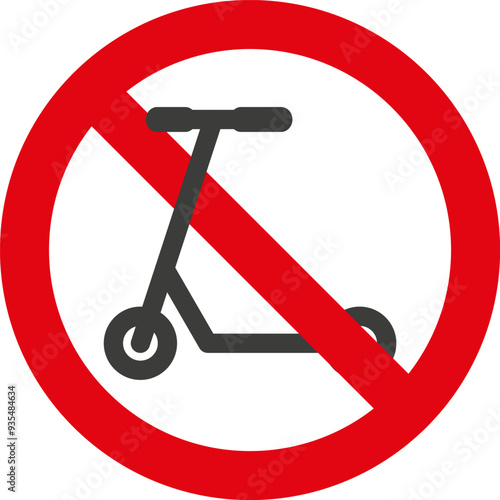 No electric scooter allowed icon. Red prohibited circle kick scooter. Warning traffic sign. Flat vector illustration.