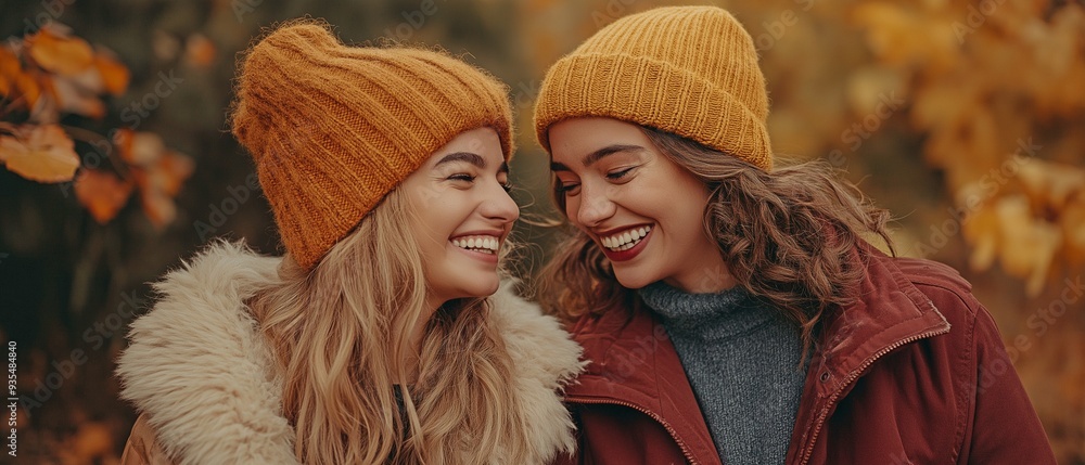 Two friends laughing and enjoying a crisp autumn day, dressed warmly in cozy jackets and knit hats, surrounded by the vibrant colors of fall foliage. Two friends laughing and enjoying a crisp autumn day, dressed warmly in cozy jackets and knit hats, surrounded by the vibrant colors of fall foliage.