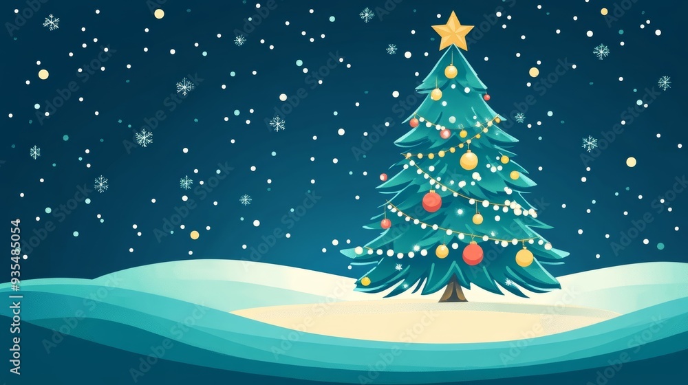 Fototapeta premium Decorated Christmas Tree in Snowy Night Landscape