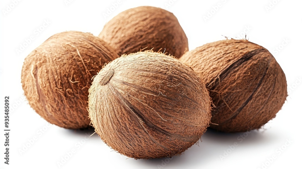 Four whole coconuts arranged in a cluster, isolated on a white background. Four whole coconuts arranged in a cluster, isolated on a white background.