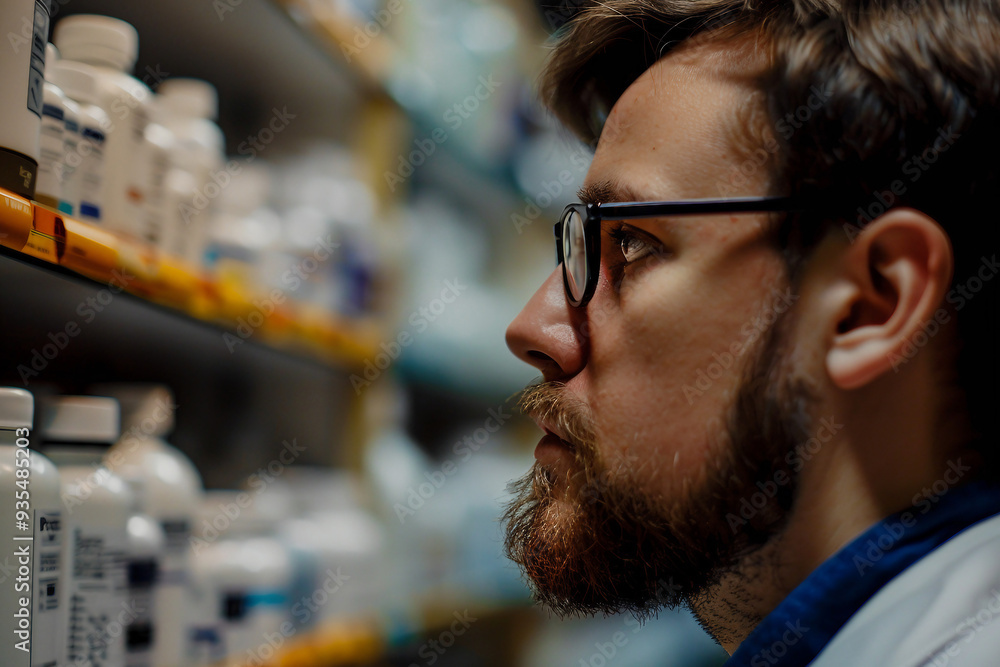 Photo of man pharmacist on the background of shelves with medicines generative AI Photo of man pharmacist on the background of shelves with medicines generative AI