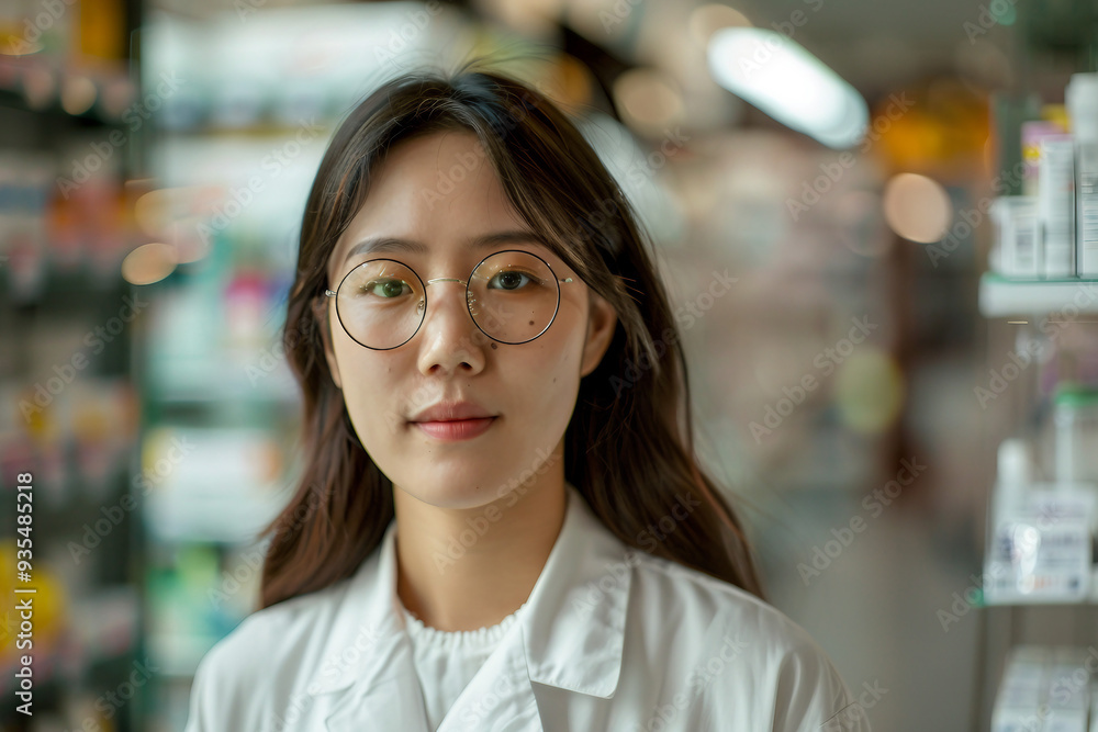 Photo of female pharmacist in medical robe smiling in pharmacy shop full of medicines generative AI Photo of female pharmacist in medical robe smiling in pharmacy shop full of medicines generative AI