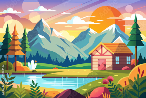 A picturesque cabin nestled in a mountain valley with a lake and a sunset sky.