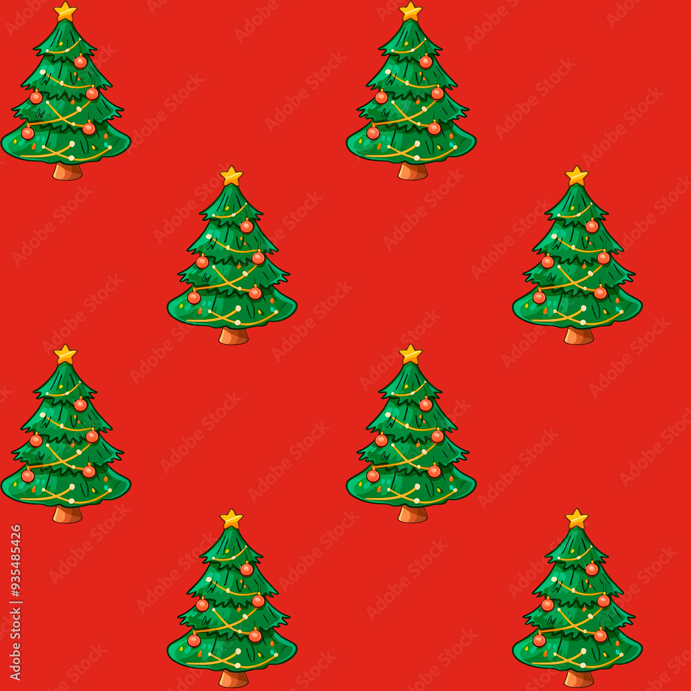 Seamless New Year's pattern with a Christmas tree on a red background for cards, wrapping, New Year's decor Seamless New Year's pattern with a Christmas tree on a red background for cards, wrapping, New Year's decor