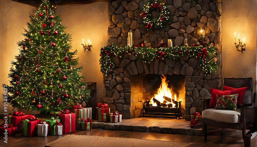 Cozy Living Room with Christmas Tree, Gifts, and Stone Fireplace Cozy Living Room with Christmas Tree, Gifts, and Stone Fireplace