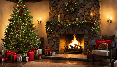 Wallpaper Mural Cozy Living Room with Christmas Tree, Gifts, and Stone Fireplace Torontodigital.ca