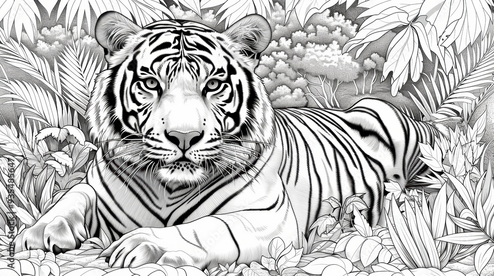 A playful coloring book page featuring a majestic tiger in a lush jungle setting, ready to be brought to life with colors. The intricate details of the tiger's fur and the surrounding foliage provide A playful coloring book page featuring a majestic tiger in a lush jungle setting, ready to be brought to life with colors. The intricate details of the tiger's fur and the surrounding foliage provide
