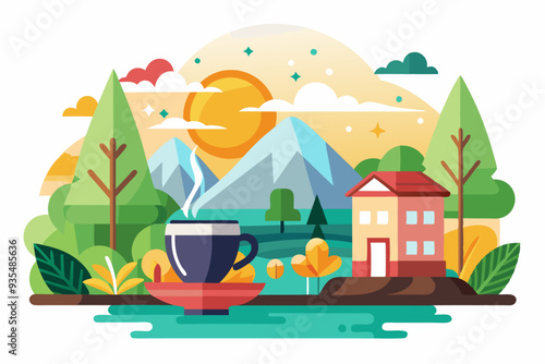 A Steaming Cup of Coffee in a Mountainous Landscape with a House