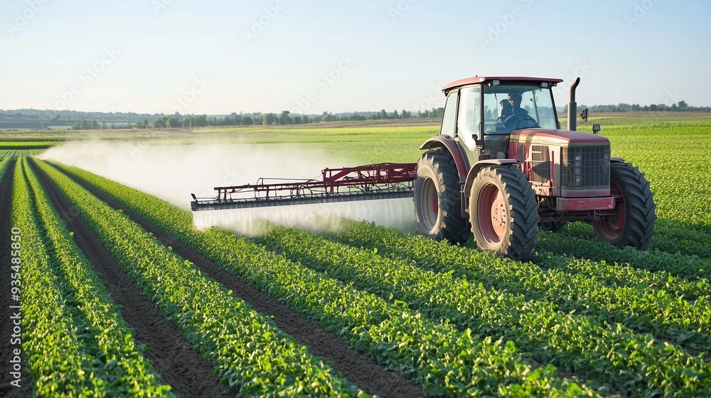 Farmer operating a tractor to spray crops in a green field during daylight hours Farmer operating a tractor to spray crops in a green field during daylight hours