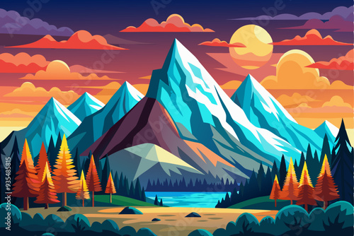 Mountainous Landscape with a Lake at Sunset
