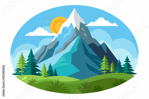 Mountainous Landscape with Pine Trees and Sun
