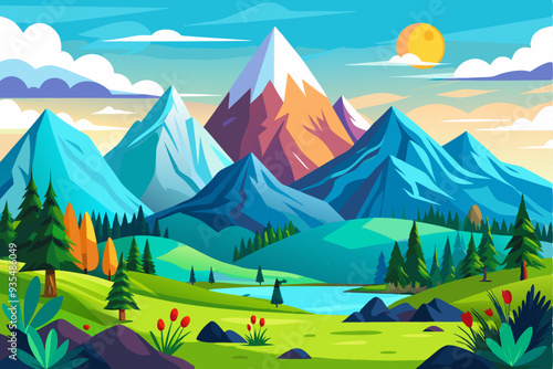Mountainous Landscape with a Serene Lake and Lush Greenery