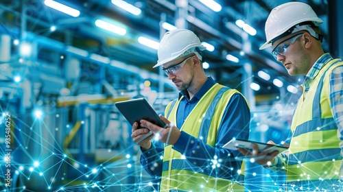 Two factory workers in hard hats and reflective vests, using a digital tablet to inspect and verify equipment, with a warehouse setting in the background.