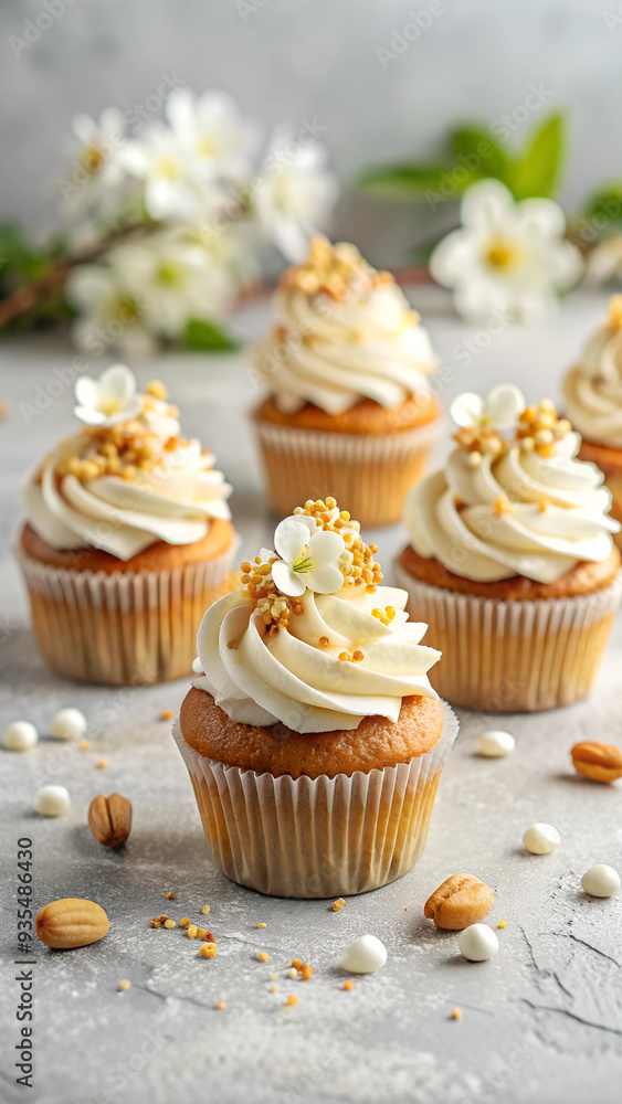 Close-Up of Elegant Gourmet Cupcakes with White Whipped Cream on Top and White Floral Decorations: A Delightful Treat for Spring Celebrations and Food Blogs Close-Up of Elegant Gourmet Cupcakes with White Whipped Cream on Top and White Floral Decorations: A Delightful Treat for Spring Celebrations and Food Blogs