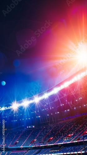 The stadium is alive with vibrant lights as a football match unfolds under the night sky, filling the air with excitement and energy from enthusiastic fans photo