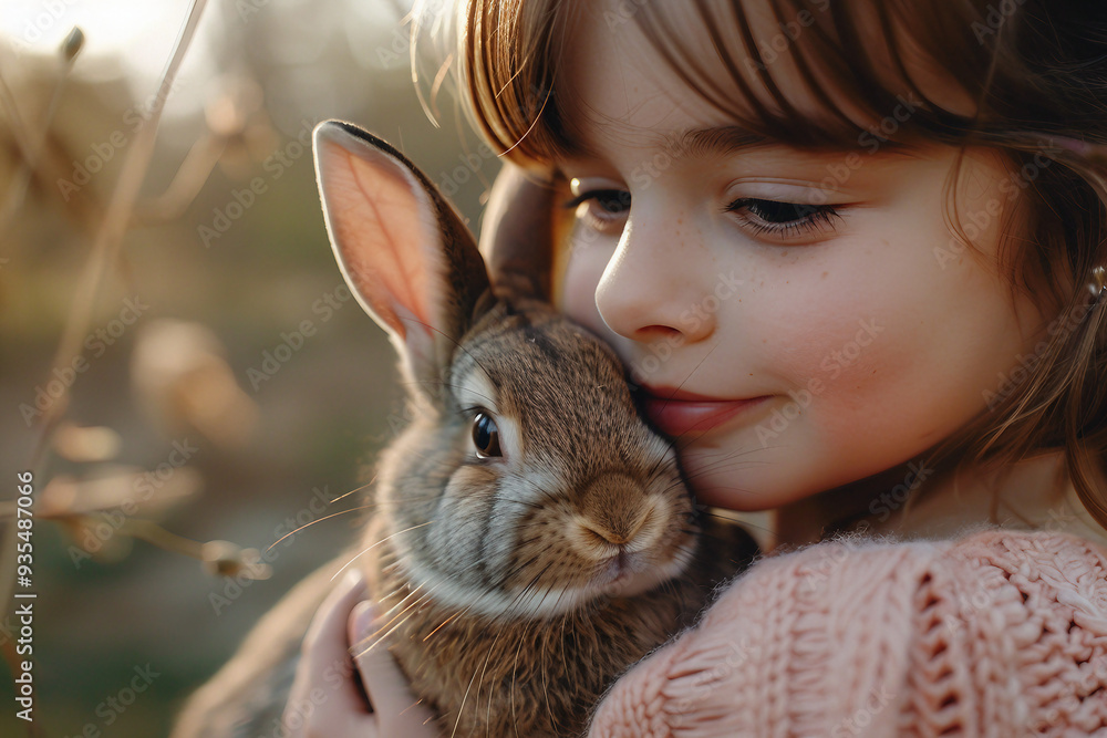 Generative ai image of cute adorable child playing and interacting with animal Generative ai image of cute adorable child playing and interacting with animal
