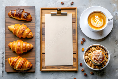 Minimalistic cafe menu mockup with coffee and dessert elements, perfect for trendy cafe branding and high-resolution food photography. Cup of coffee and croissants
