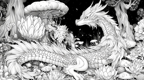 Fototapeta Naklejka Na Ścianę i Meble -  Step into a world of fantasy and adventure with this enchanting coloring book, featuring mythical creatures and magical landscapes. Grab your pencils and embark on a coloring journey like no other.