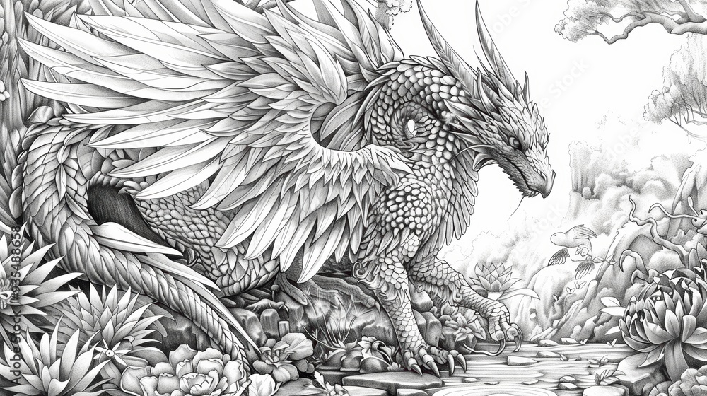 Naklejka premium Let your creativity soar with this coloring book, filled with whimsical illustrations of fairies, dragons, and other magical creatures. Each page offers a new adventure waiting to be colored.