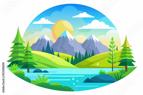 Mountainous Landscape with a Winding River and Sunlit Sky