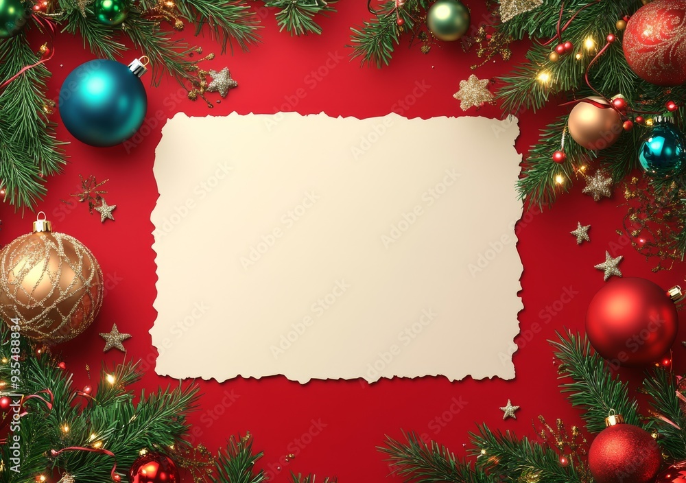 Festive Christmas background with a white blank paper sheet Festive Christmas background with a white blank paper sheet