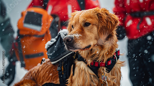 Search and rescue dog with a GPS collar working with rescuers in uniform in snowy conditions