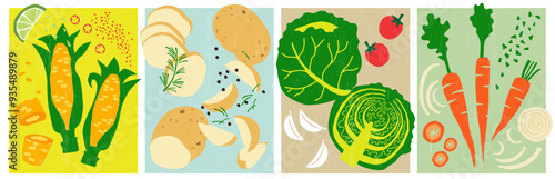 Corn with Chili and Lime - Potatoes, slices and wedges - Cabbage - Tomatoes - Carrots - Onion. Vector illustrations