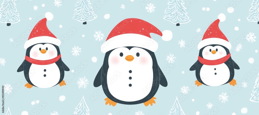 Christmas pattern with cute penguins, Santa Claus, and trees. Christmas pattern with cute penguins, Santa Claus, and trees.