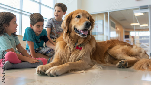 Therapy dog comforting a patient in a hospital room