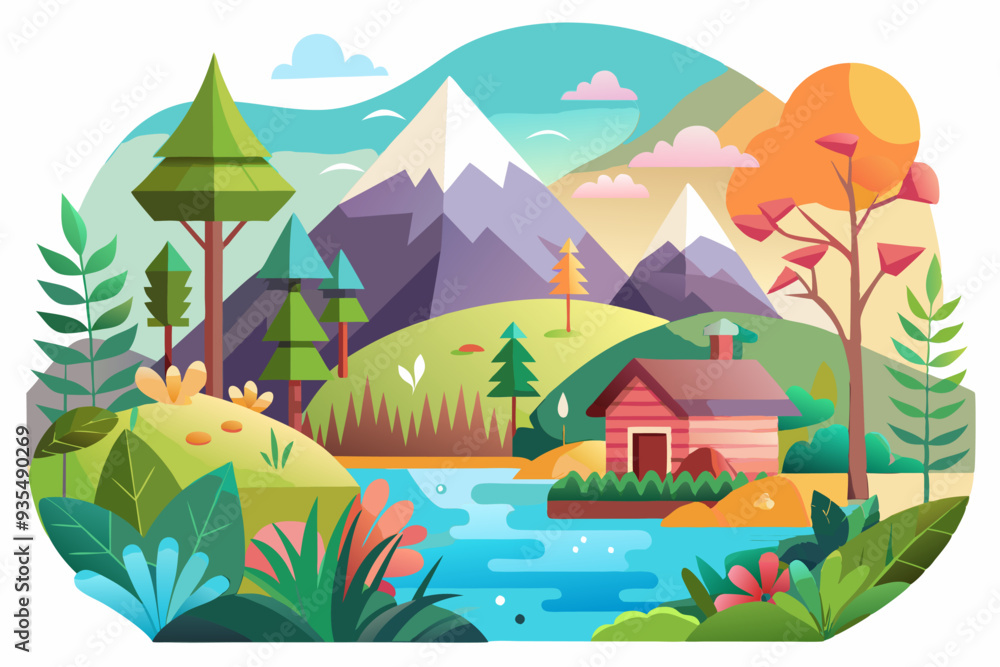 Fototapeta premium A Cabin Nestled in a Serene Mountain Landscape with a Winding River