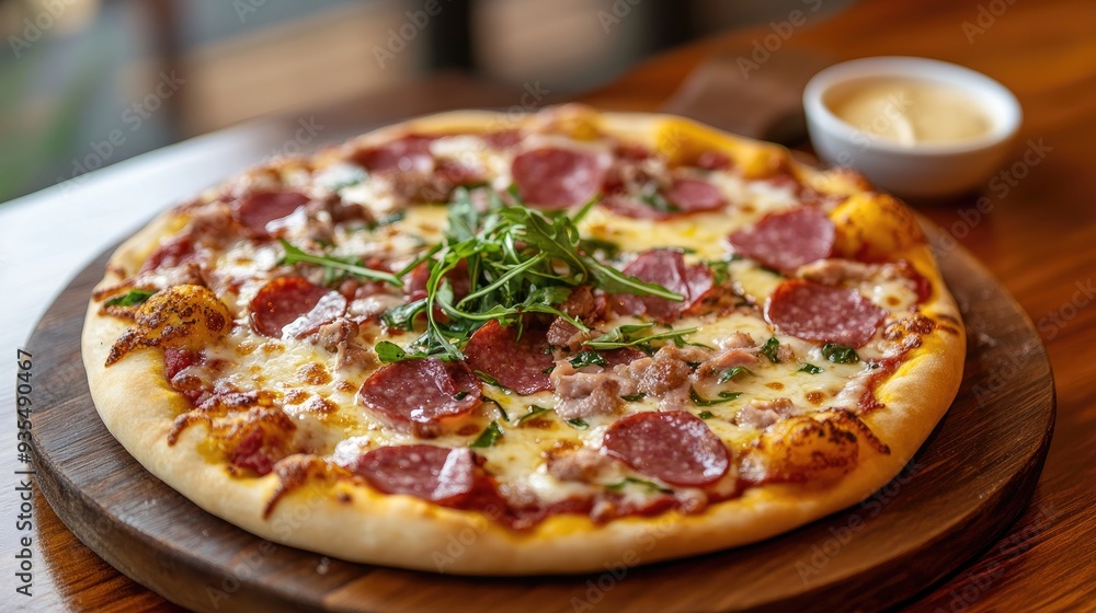 Close up of a delicious pepperoni pizza with melted cheese and arugula on a wooden board. Close up of a delicious pepperoni pizza with melted cheese and arugula on a wooden board.