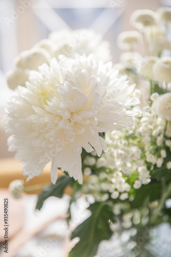 Beautiful bouquet with white lush chrysanthemums