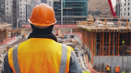 Construction Worker in a Yellow Vest Looking at a Building Site