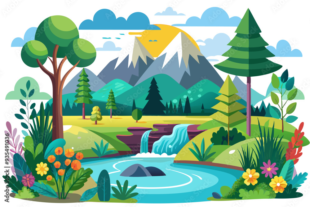 Tranquil Mountain Landscape with River and Waterfall Tranquil Mountain Landscape with River and Waterfall