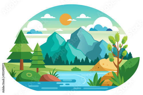 A Serene Mountain Landscape with a River and Sun-Kissed Sky