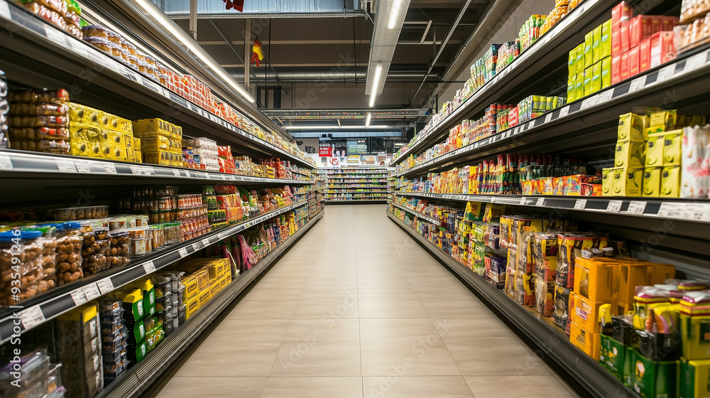 Woman shopping for groceries in a bustling supermarket aisle