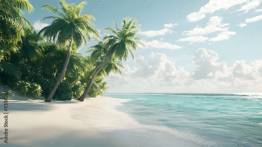 78. Stunning 3D visualization of a tranquil beach scene with gentle surf and lush palm trees, isolated on a clear background 78. Stunning 3D visualization of a tranquil beach scene with gentle surf and lush palm trees, isolated on a clear background