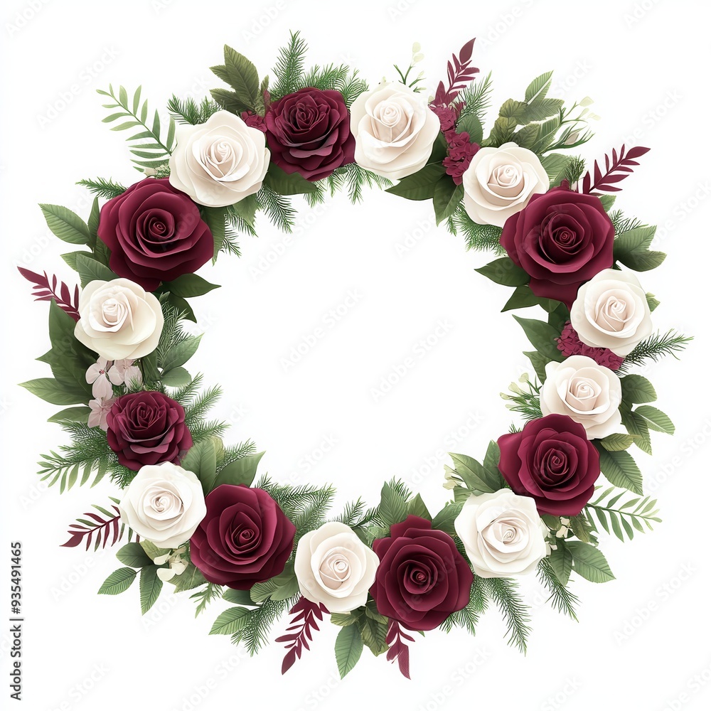 Elegant floral wreath with red and white roses, surrounded by lush green leaves, perfect for festive decor and celebrations. Elegant floral wreath with red and white roses, surrounded by lush green leaves, perfect for festive decor and celebrations.