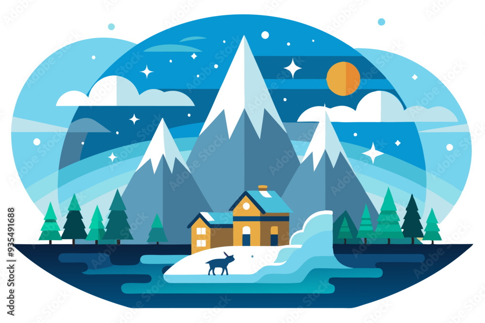 Snowy Mountain Landscape with a Cabin and a Deer Snowy Mountain Landscape with a Cabin and a Deer