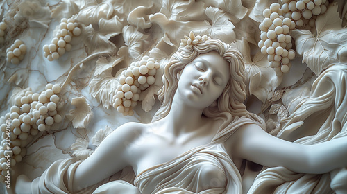 Greek statue woman in grape vine on light marble background. Antique roman sculpture concept