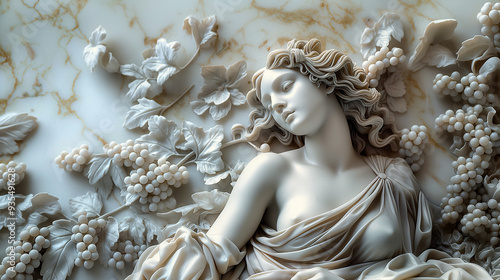 Greek statue woman in grape vine on light marble background. Antique roman sculpture concept